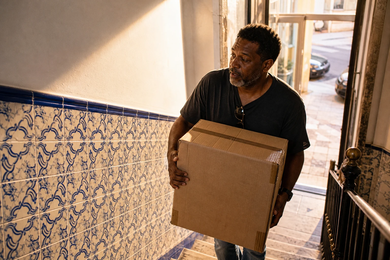 Carrying a moving box up a tiled stairwell in Portugal