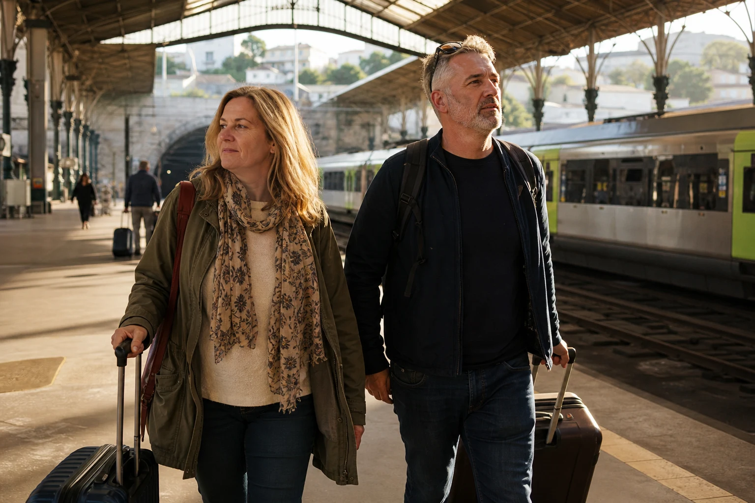 Arriving with luggage at a sunlit train station in Portugal