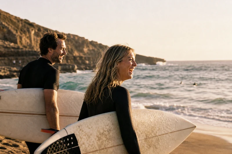 Carrying surfboards and laughing toward the water in Portugal