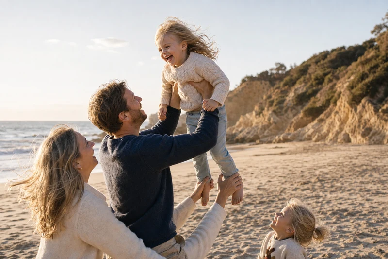 Lifting a laughing child in the air at the beach in Portugal