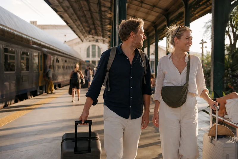 Arriving with luggage at a sunlit train station in Portugal