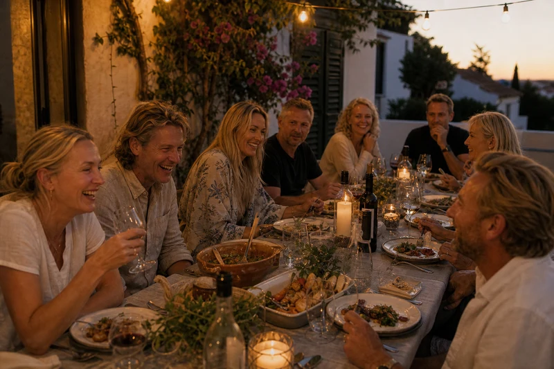 At a warm dinner gathering around a long table at dusk in Portugal