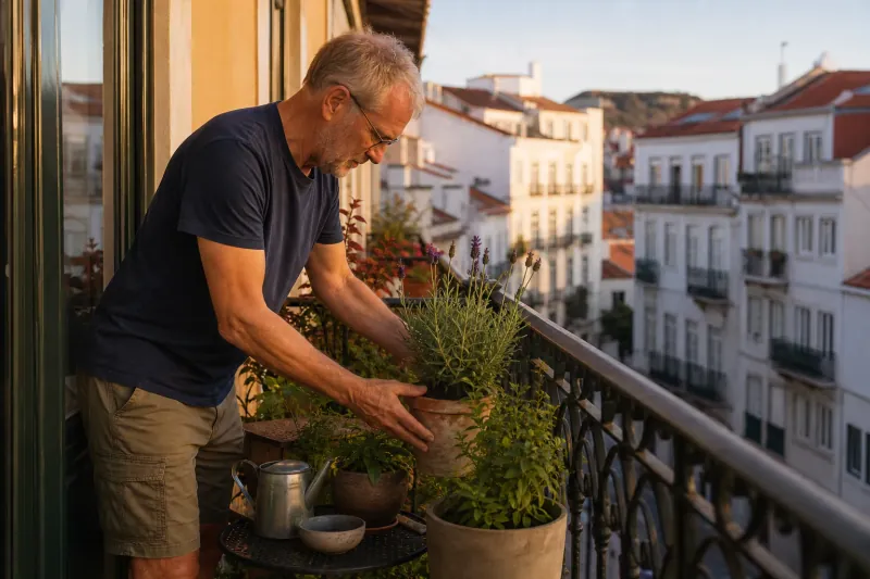 Arranging potted plants on a new balcony in Portugal