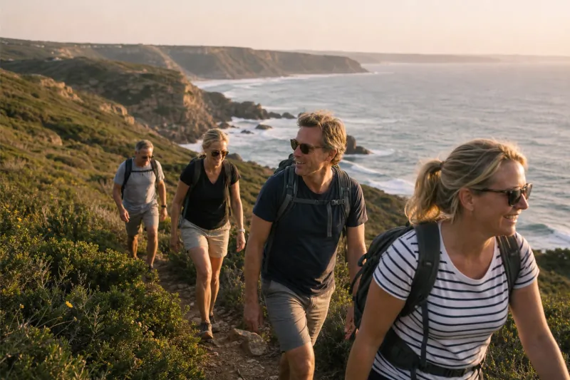 Hiking a green coastal trail above the sea in Portugal