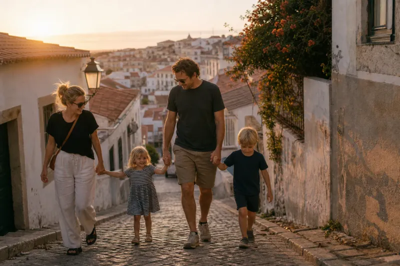 Walking hand in hand up a cobbled street in Portugal